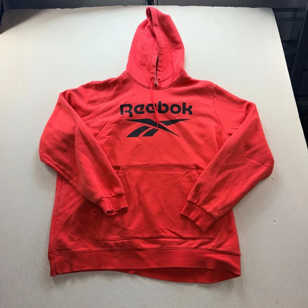 Reebok Hoodie Mens 2XL Red Excellent Logo Pullover Fleece Sweatshirt 16348.